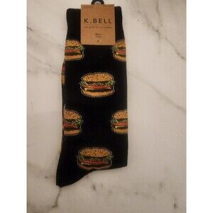 New MENS K.BELL HAMBURGER BLACK CREW SOCKS ONE SIZE (SHOE SIZE 6.5 -12)
